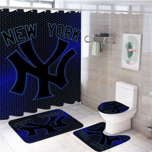 Yankees Newyork Glowing 4Pcs Bathroom Non-Slip Rugs Shower Curtain Fabric Waterproof