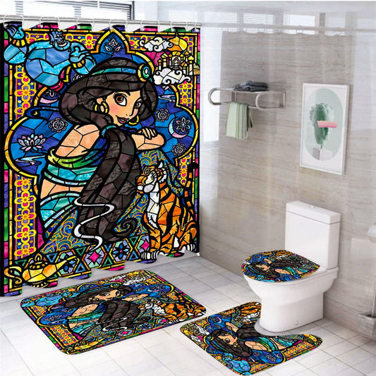 Yasmin Aladdin Stained Glass 4Pcs Bathroom Non-Slip Rugs Shower Curtain Fabric Waterproof