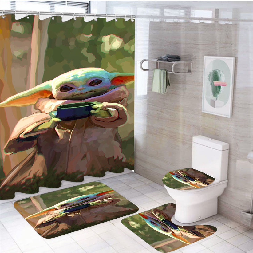 Yoda Drink A Coffee 4Pcs Bathroom Non-Slip Rugs Shower Curtain Fabric Waterproof