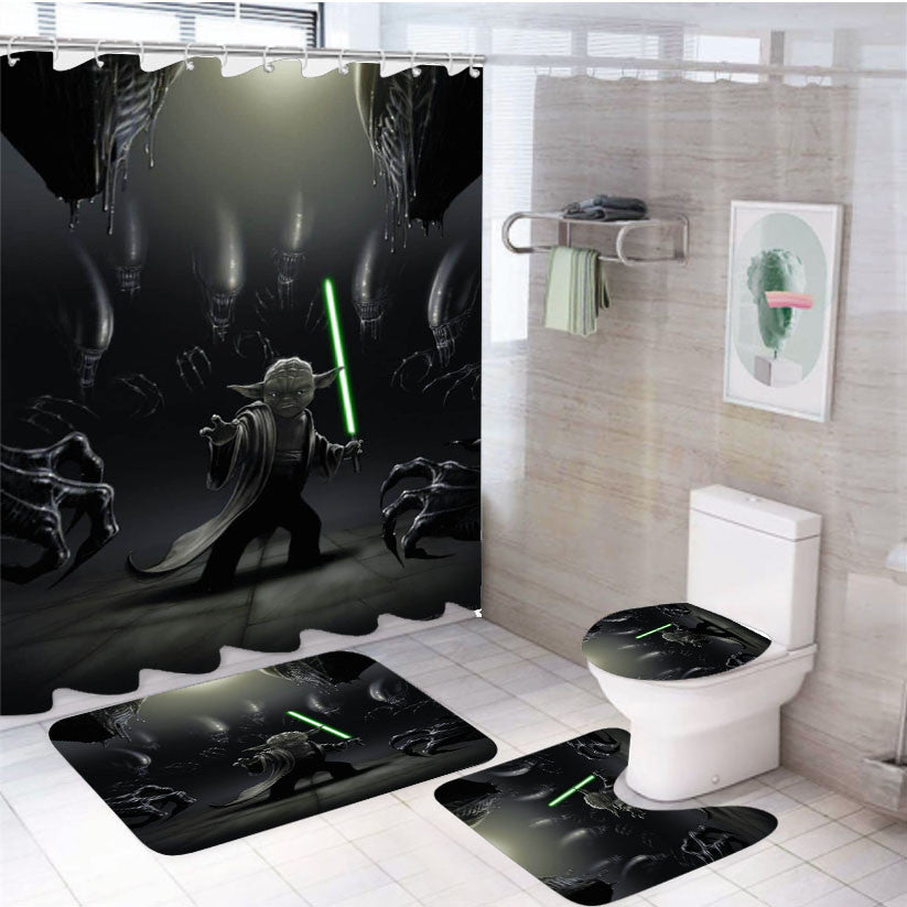 Yoda Vs Aliens 4Pcs Bathroom Non-Slip Rugs Shower Curtain Fabric Waterproof