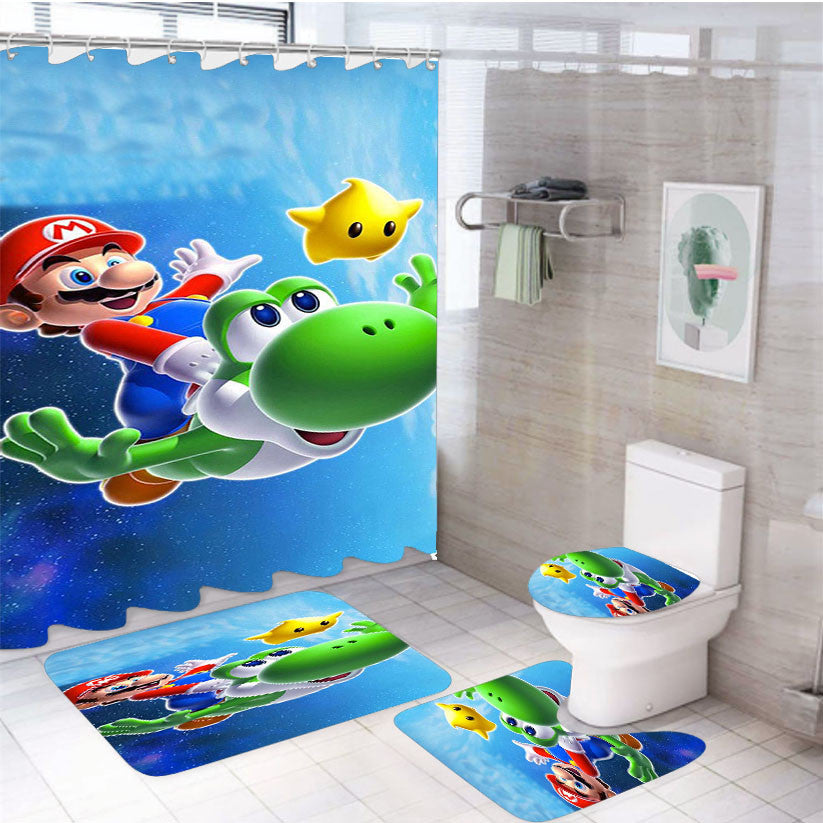 Yoshi Mario 1 4Pcs Bathroom Non-Slip Rugs Shower Curtain Fabric Waterproof