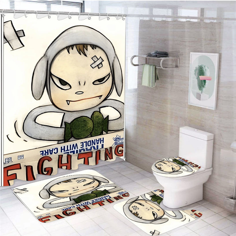 Yoshimoto Nara Draw Cute 4Pcs Bathroom Non-Slip Rugs Shower Curtain Fabric Waterproof