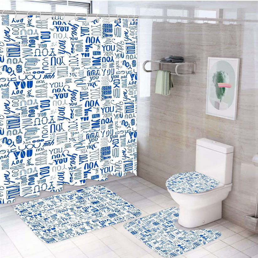 You Pattern 4Pcs Bathroom Non-Slip Rugs Shower Curtain Fabric Waterproof