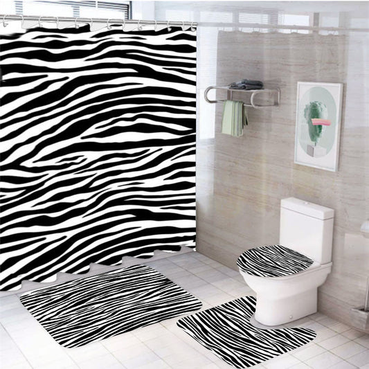 Zebra Skin Pattern 4Pcs Bathroom Non-Slip Rugs Shower Curtain Fabric Waterproof