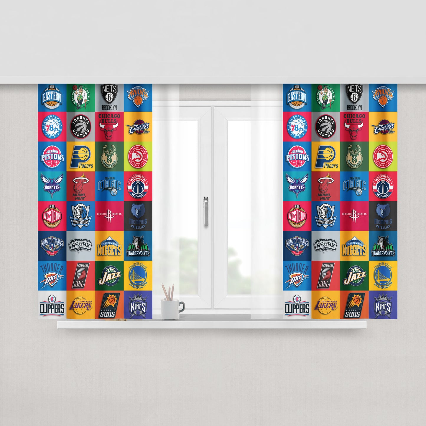 All Nba Team Logos Collage Peach Skin Window Curtains