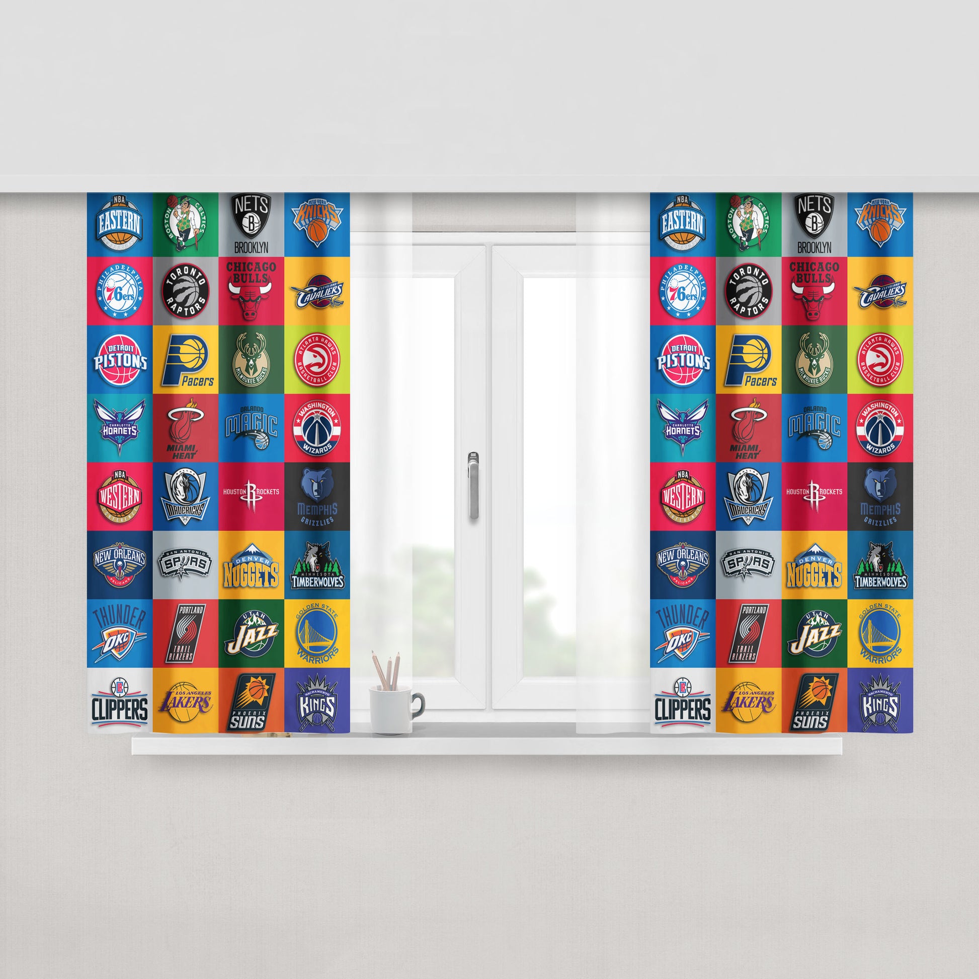 All Nba Team Logos Collage Peach Skin Window Curtains