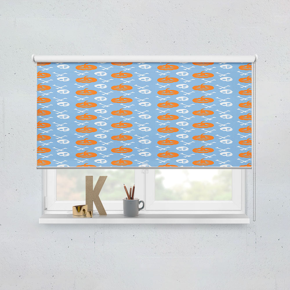 Blue Pattern Pumpkins Bone And Head Skeleton Halloween Window Roller Blinds Shades