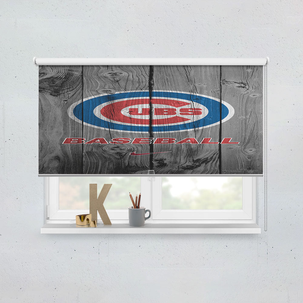 Chicago Cubs Baseball Logo Dark Wood Wallpaper Window Roller Blinds Shades