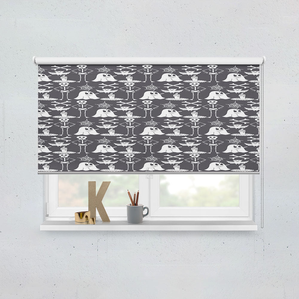 Grayscale Pattern Halloween Ghost Skeleton Window Roller Blinds Shades