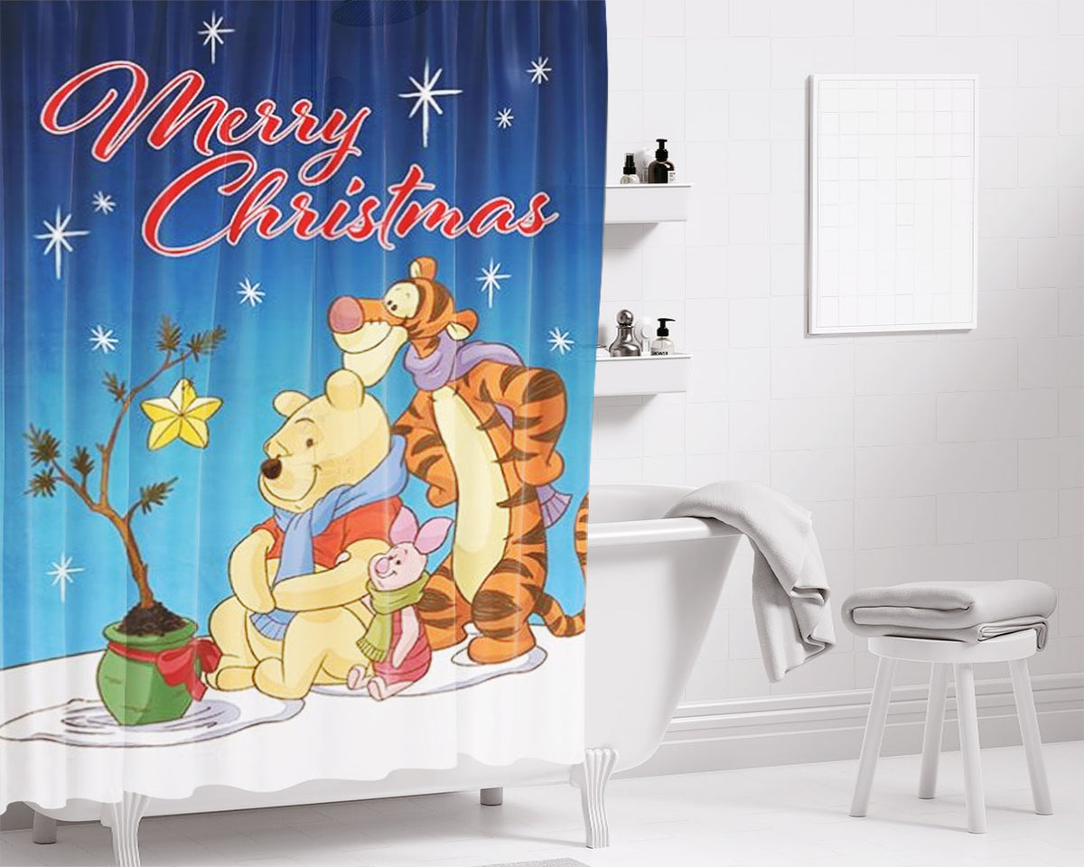 Christmas Star Pooh, Tigger And Piglet Bathroom Shower Curtain Fabric Waterproof | 66 X 72 Inch