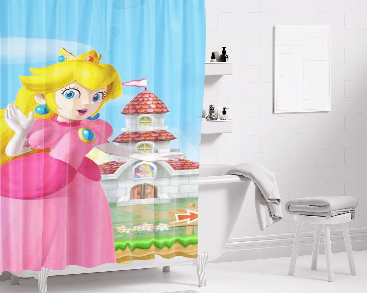Mario And Princess Peach Left Bathroom Shower Curtain Fabric Waterproof | 66 X 72 Inch