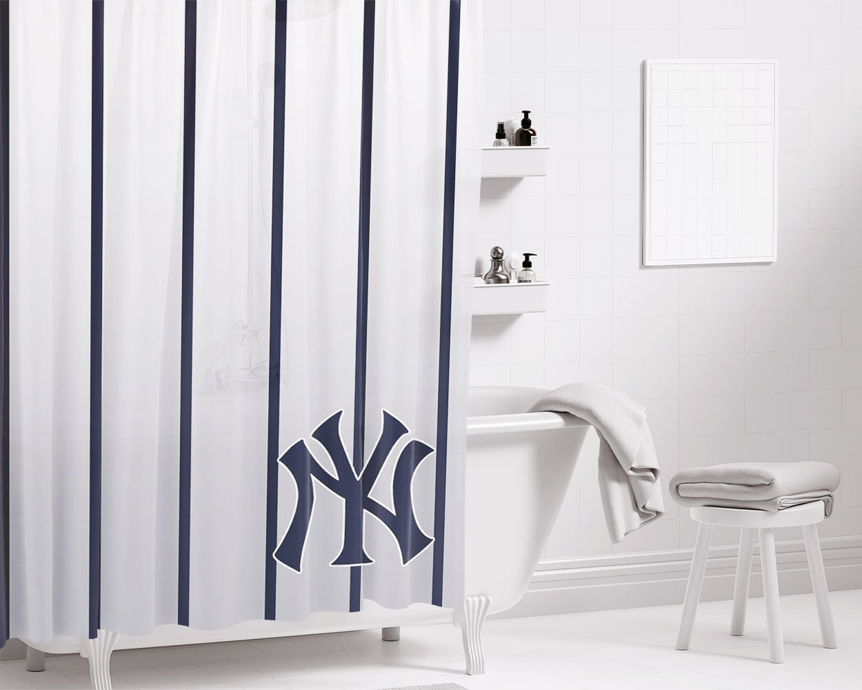 New York Yankees Pattern Bathroom Shower Curtain Fabric Waterproof | 66 X 72 Inch