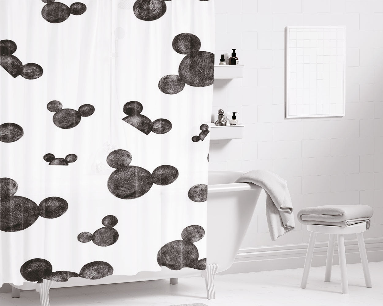 Mickey Mouse Head Pattern Silhouette Bathroom Shower Curtain Fabric Waterproof | 66 X 72 Inch