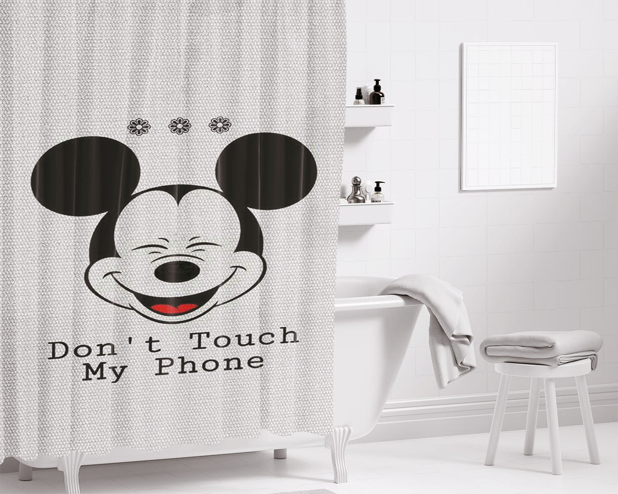 Mickey Mouse Saying Dont Touch My Phone Bathroom Shower Curtain Fabric Waterproof | 66 X 72 Inch