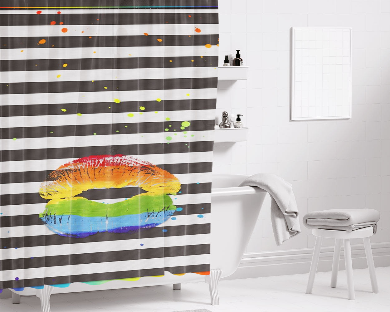 Mix Color Lips Stripe Wallpaper Bathroom Shower Curtain Fabric Waterproof | 66 X 72 Inch
