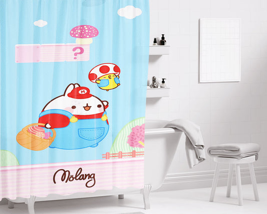 Molang And Piu-Piu X Mario Bros Bathroom Shower Curtain Fabric Waterproof | 66 X 72 Inch