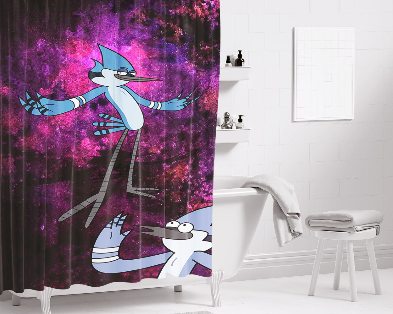 Mordecai Regular Show Galaxy Background Bathroom Shower Curtain Fabric Waterproof | 66 X 72 Inch