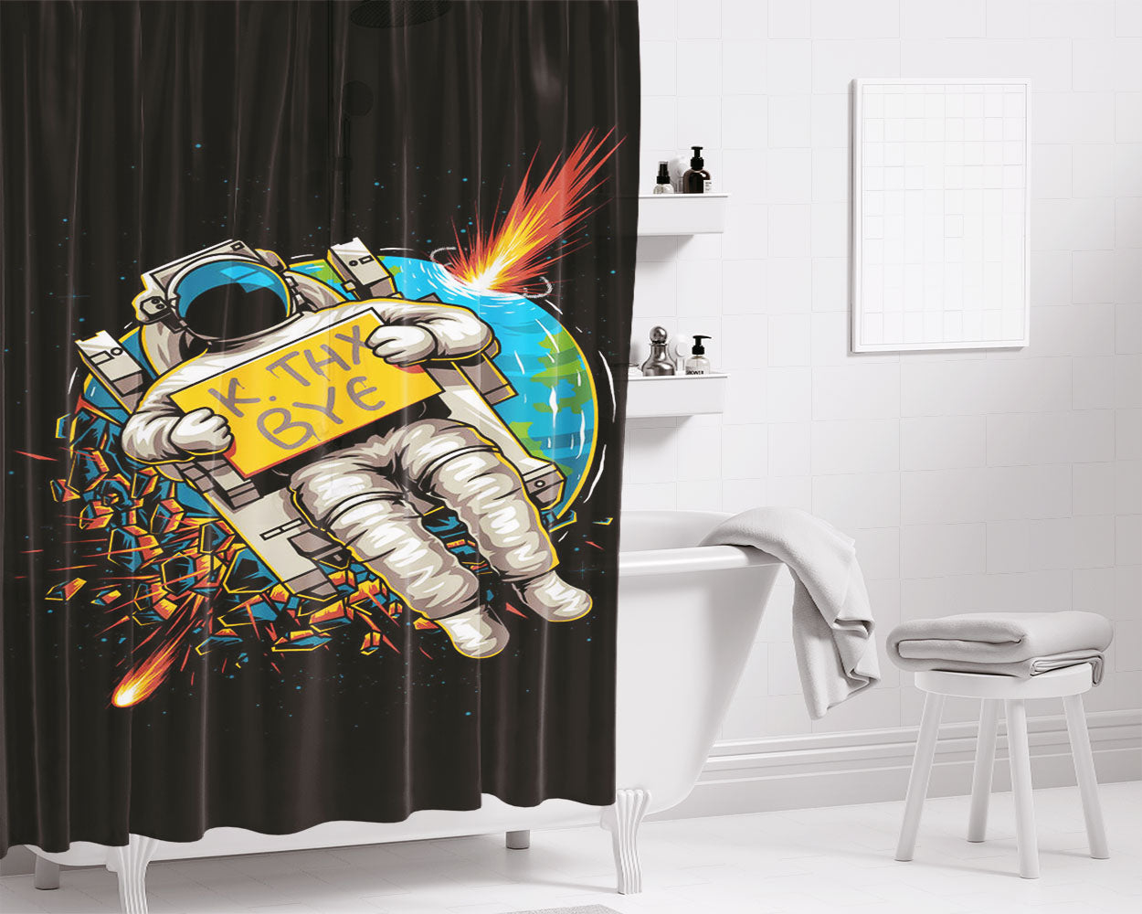 Neil Armstrong Say Goodbye On Galaxy Bathroom Shower Curtain Fabric Waterproof | 66 X 72 Inch