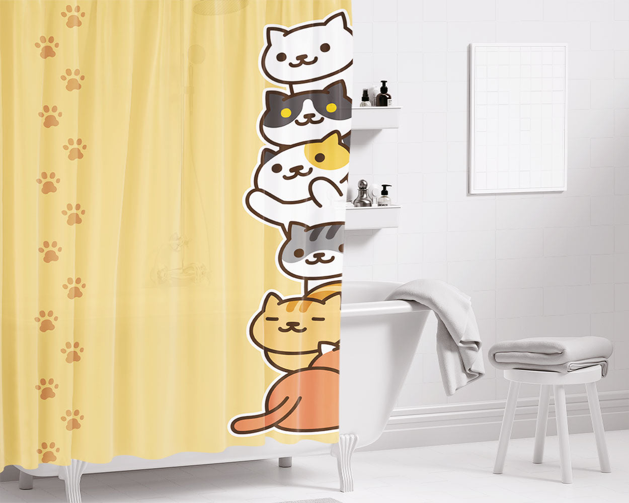 Neko Atsume Paw Wallpaper Bathroom Shower Curtain Fabric Waterproof | 66 X 72 Inch