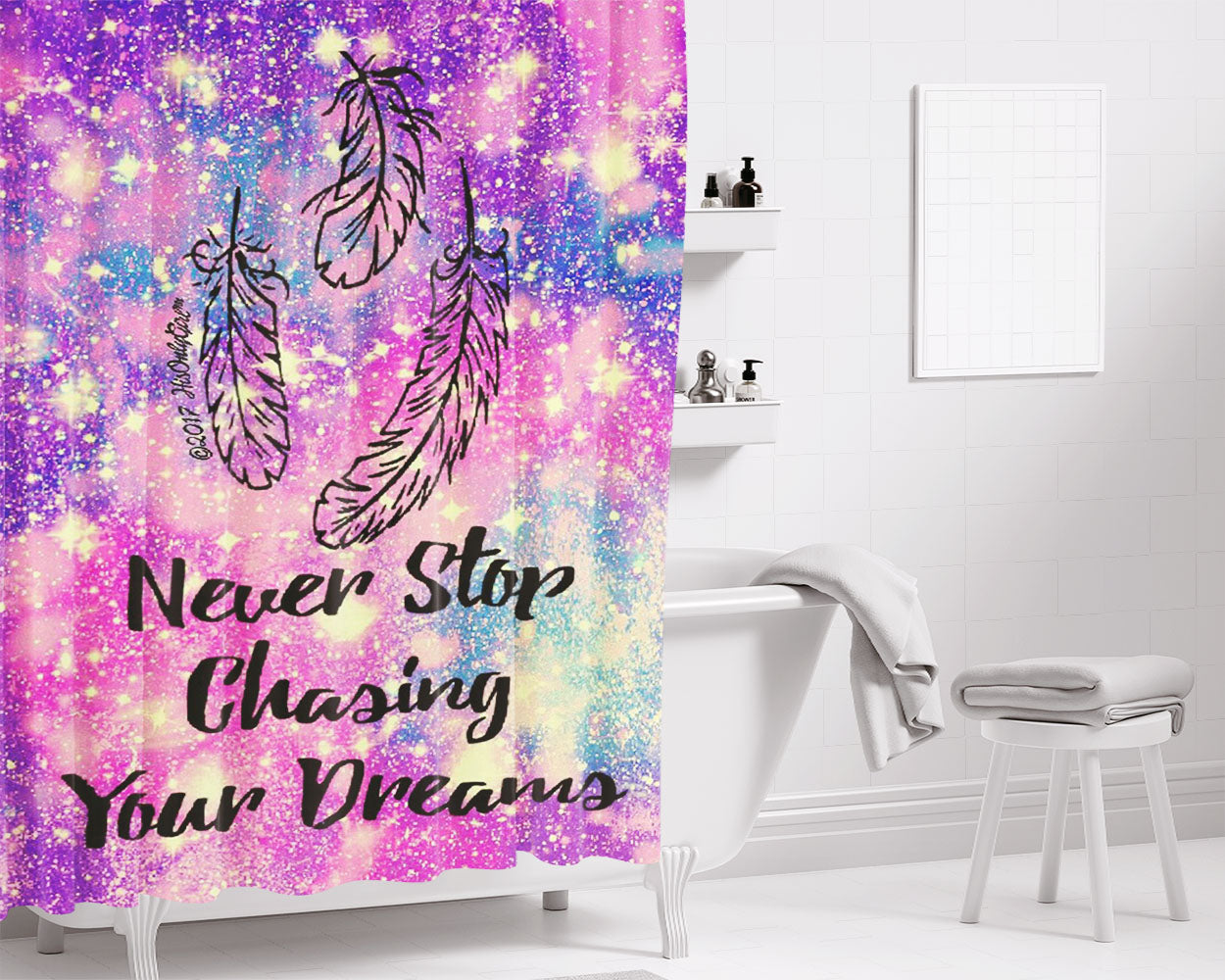 Never Stop Galaxy August Bathroom Shower Curtain Fabric Waterproof | 66 X 72 Inch
