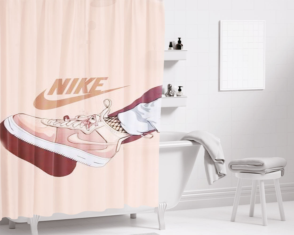 Nike Peach Shoes Bathroom Shower Curtain Fabric Waterproof | 66 X 72 Inch