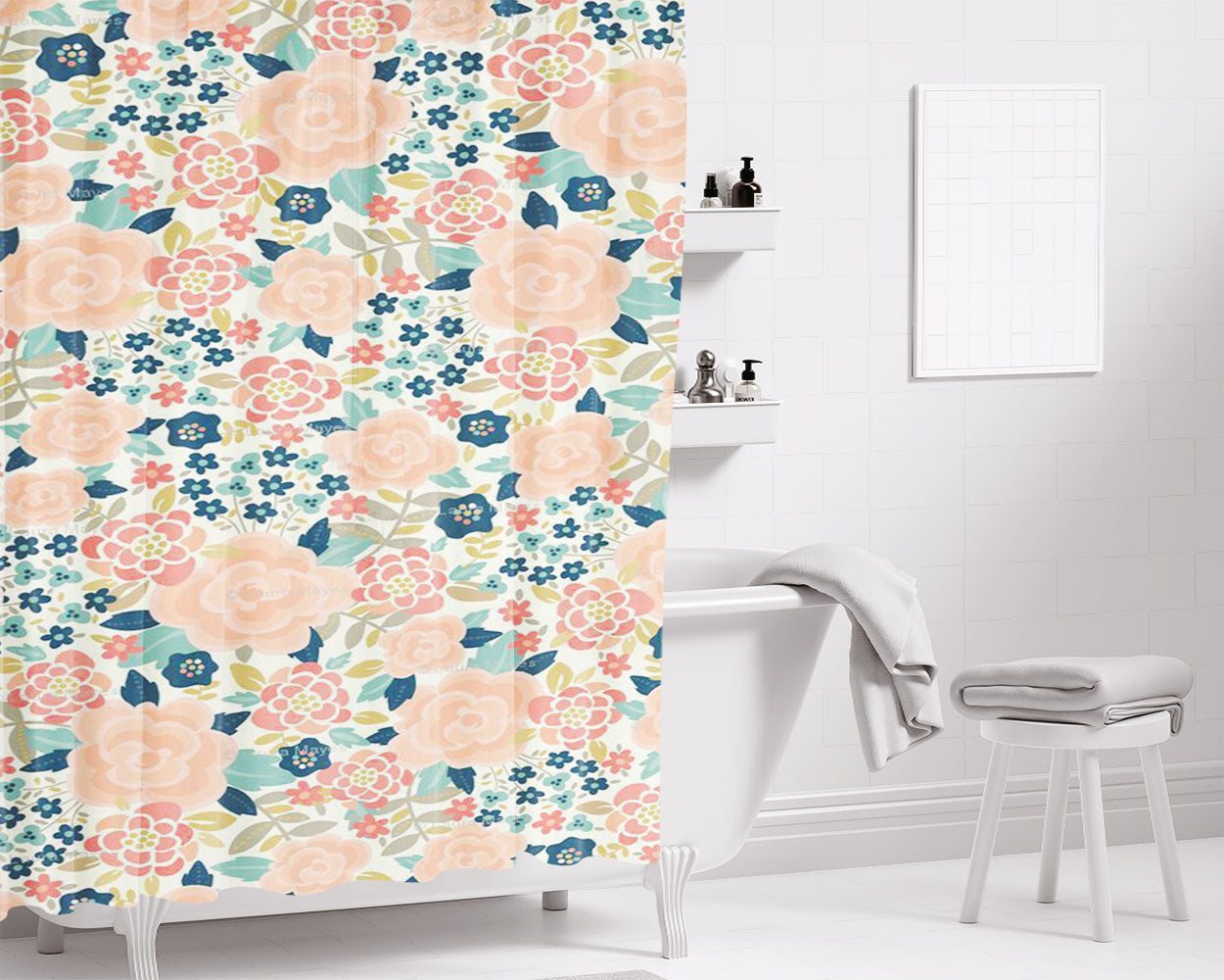 Peach And Coral Floral Fabric Bathroom Shower Curtain Fabric Waterproof | 66 X 72 Inch