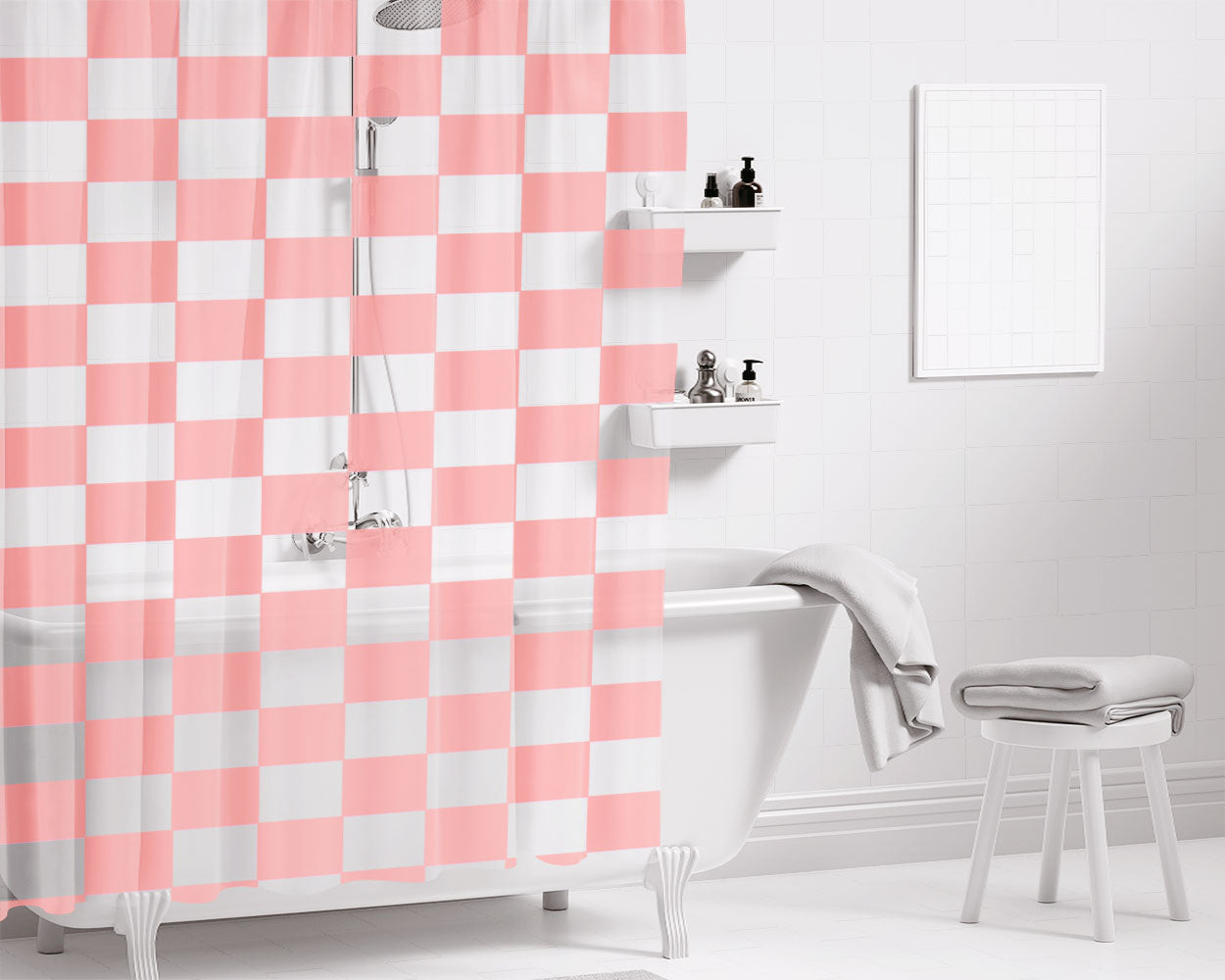 Peach Checkered Board Pattern Color Bathroom Shower Curtain Fabric Waterproof | 66 X 72 Inch