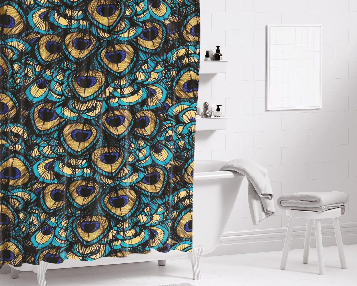 Peacock Pattern Bathroom Shower Curtain Fabric Waterproof | 66 X 72 Inch