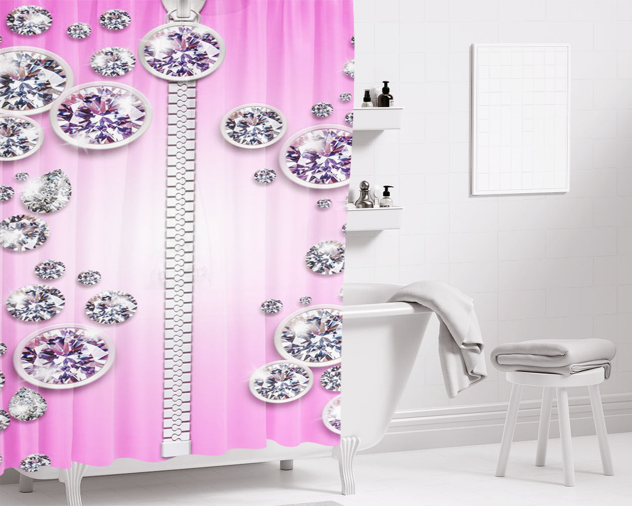 Pink Diamond Zipper Pattern Bathroom Shower Curtain Fabric Waterproof | 66 X 72 Inch