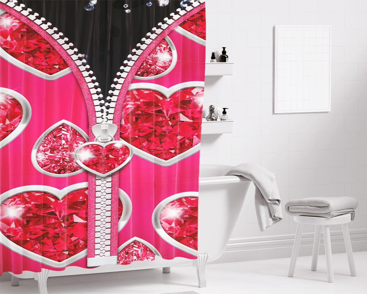 Pink Zipper With Diamond Love Pattern Bathroom Shower Curtain Fabric Waterproof | 66 X 72 Inch