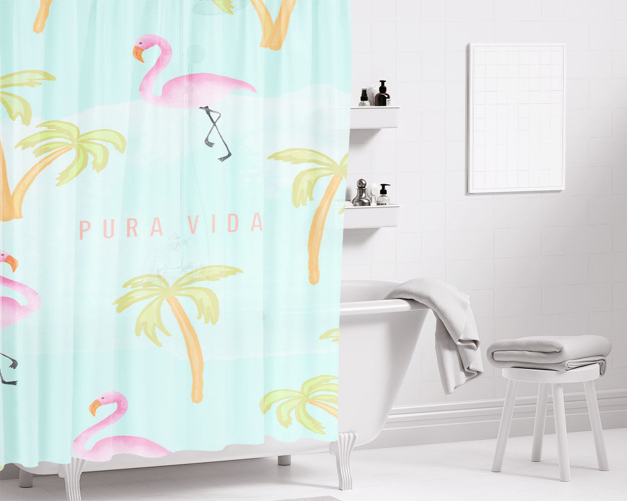 Pura Vida Pattern Flamengo Bathroom Shower Curtain Fabric Waterproof | 66 X 72 Inch