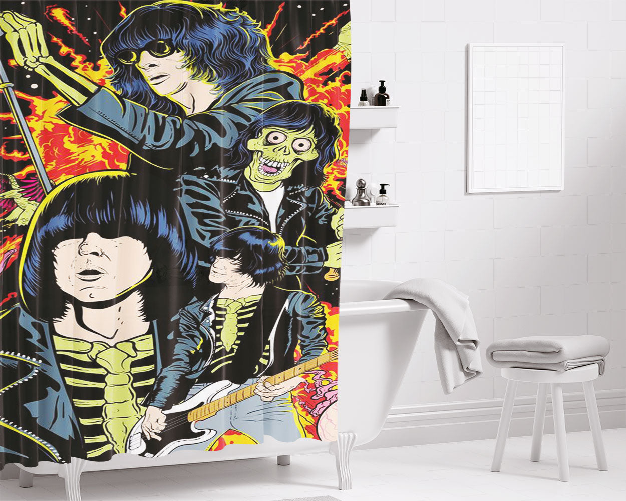 Ramone Legend Band Illustration Bathroom Shower Curtain Fabric Waterproof | 66 X 72 Inch