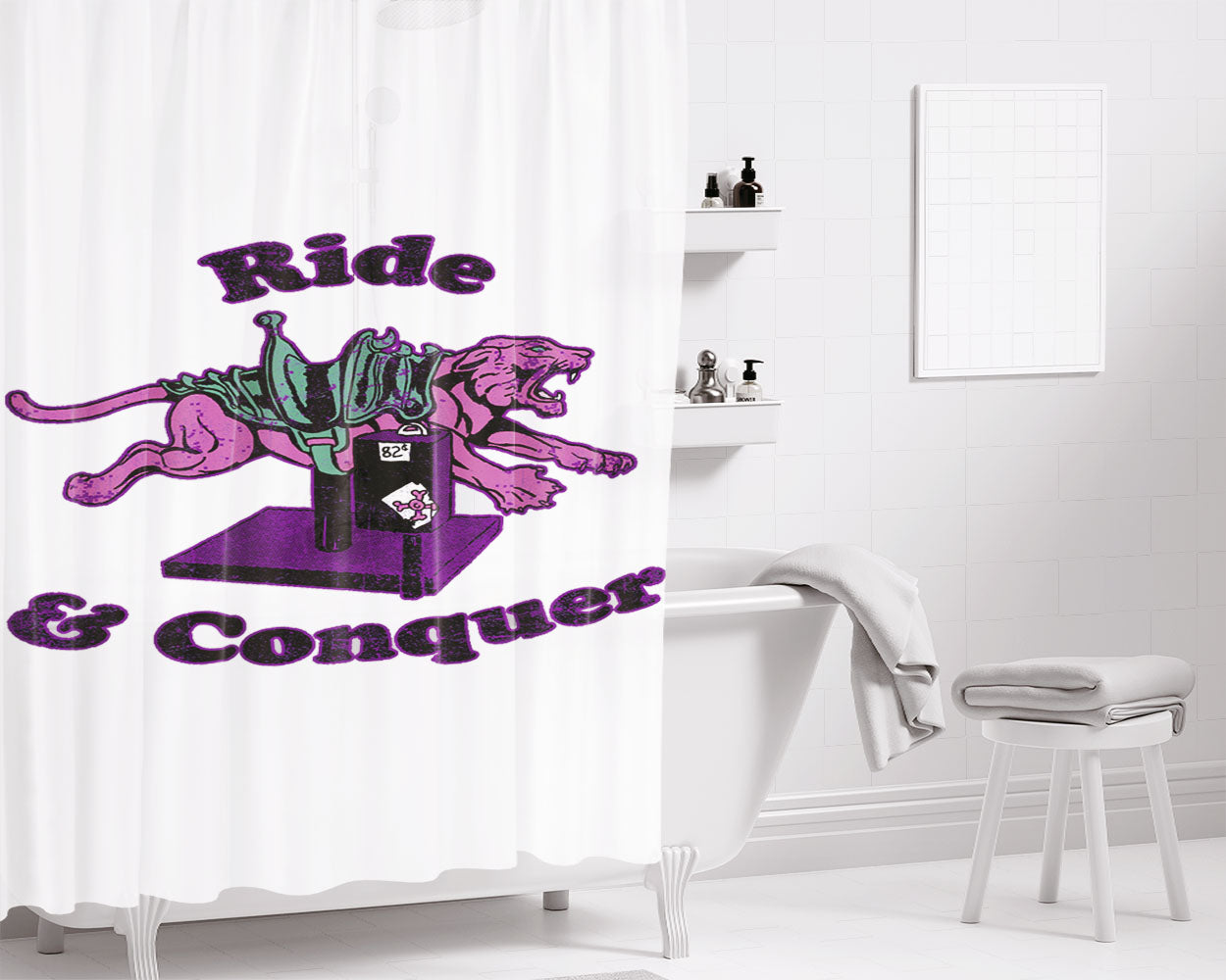 Ride And Conquer Pink Panter Illustration Bathroom Shower Curtain Fabric Waterproof | 66 X 72 Inch