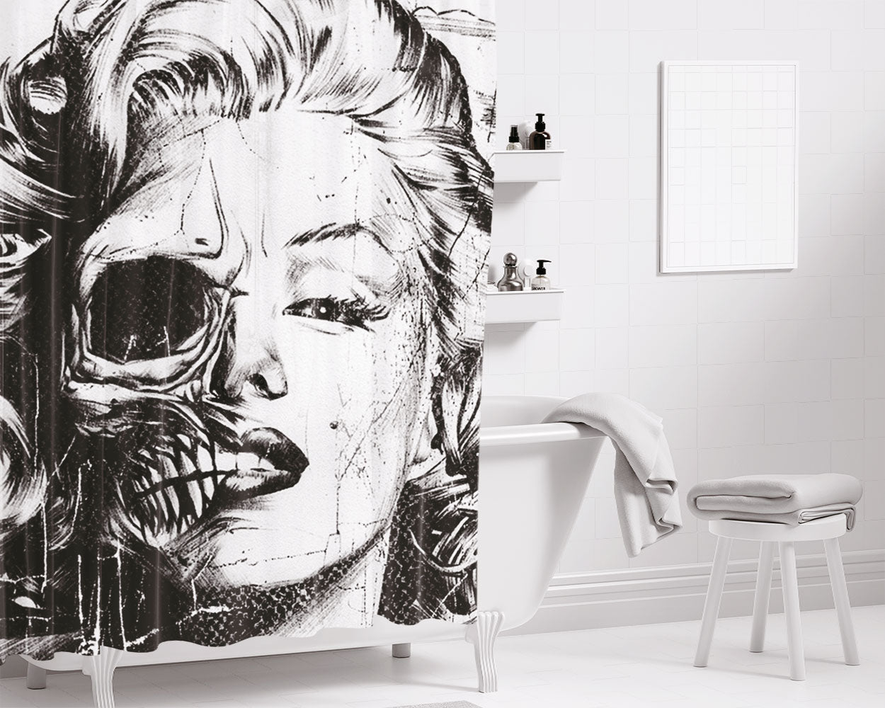 Skull Glitch Blackwhite Bathroom Shower Curtain Fabric Waterproof | 66 X 72 Inch