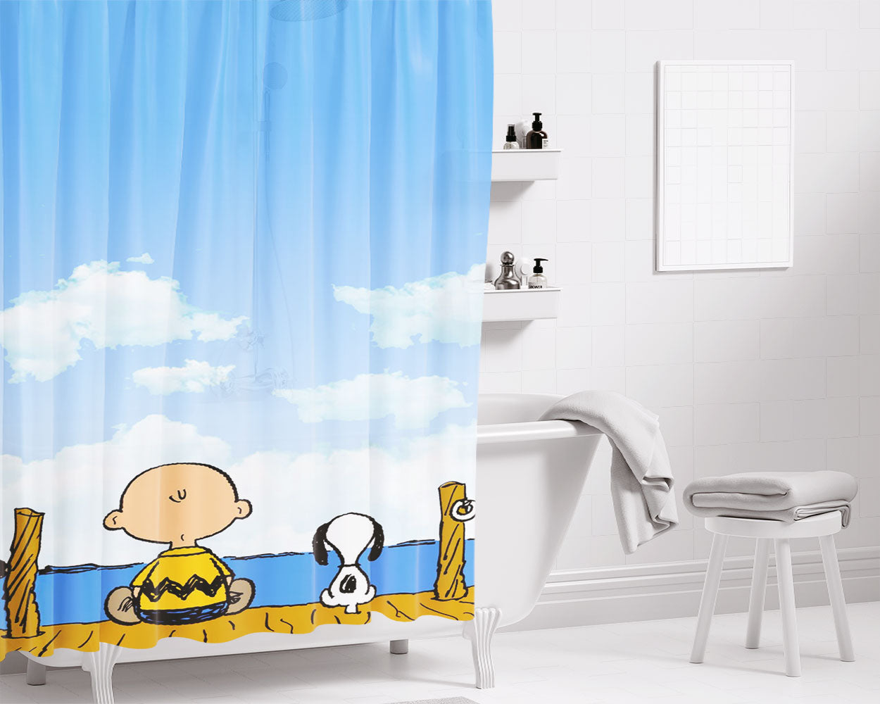 Snoopy And Charlie And Starry Night Bathroom Shower Curtain Fabric Waterproof | 66 X 72 Inch