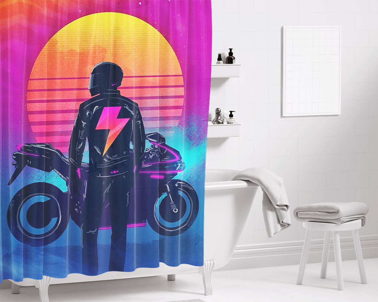 Synth Rider August Bathroom Shower Curtain Fabric Waterproof | 66 X 72 Inch