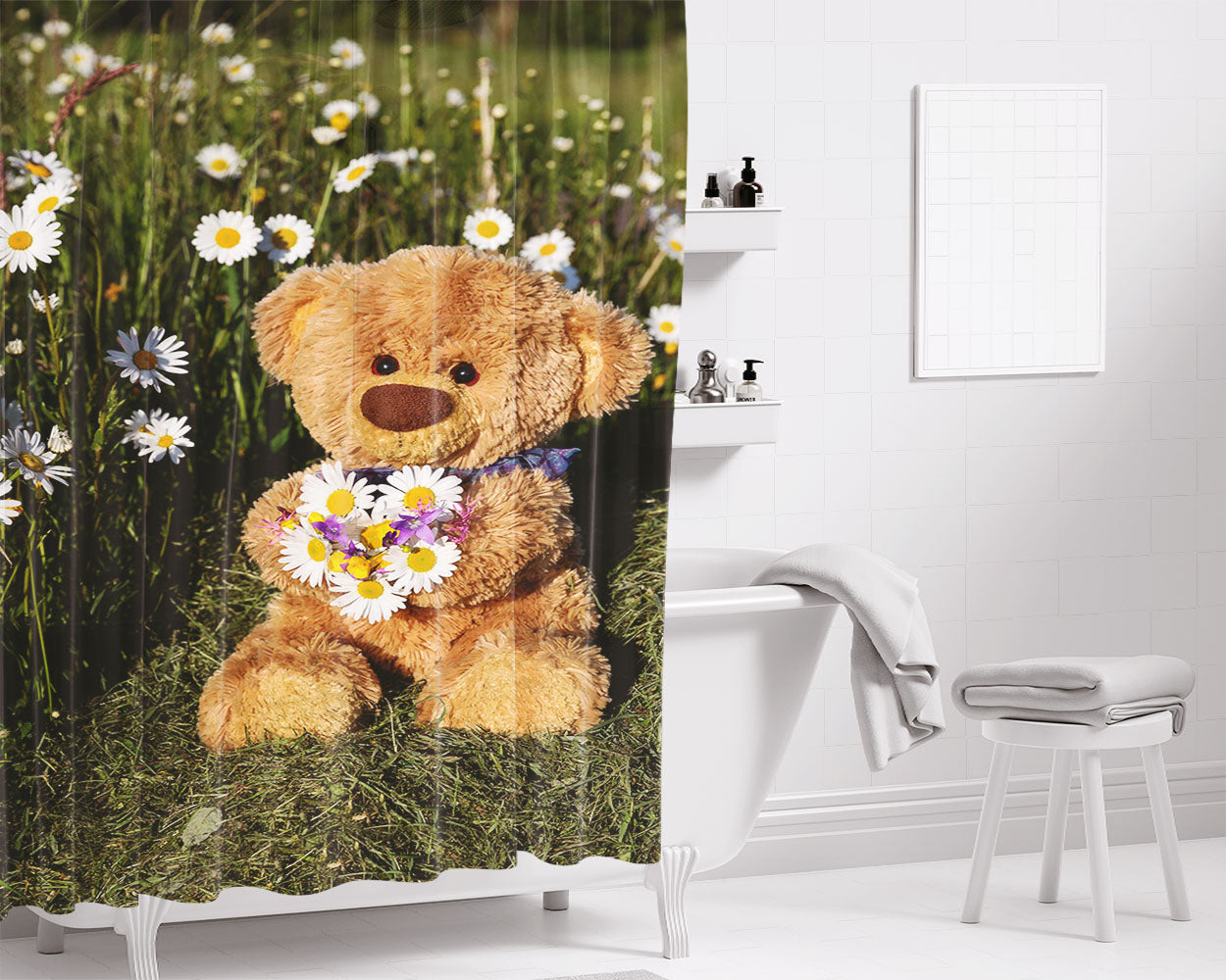 Teddy Bear Travelling Bathroom Shower Curtain Fabric Waterproof | 66 X 72 Inch