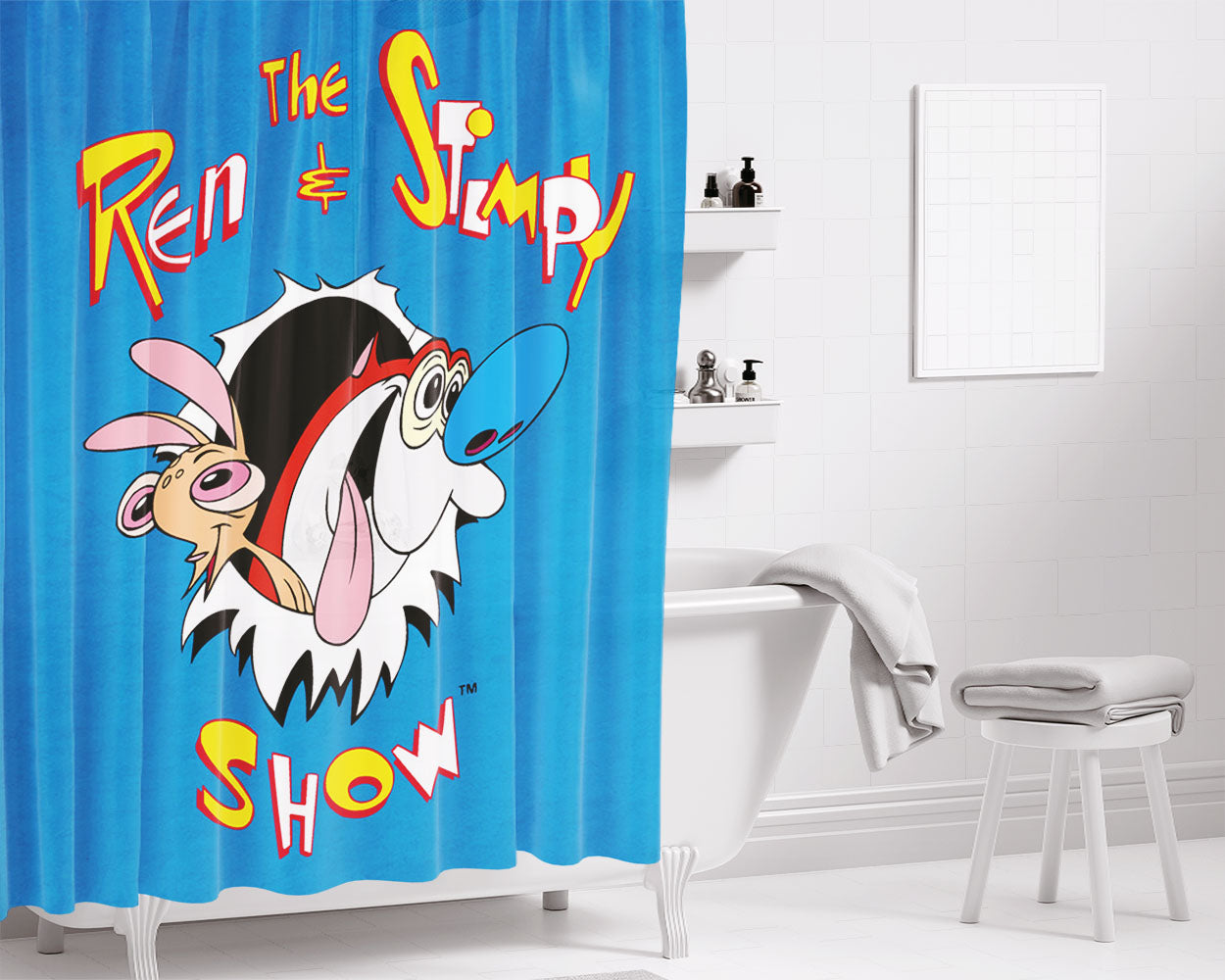 The Ren And Stimpy Show Blue Wallpaper Bathroom Shower Curtain Fabric Waterproof | 66 X 72 Inch