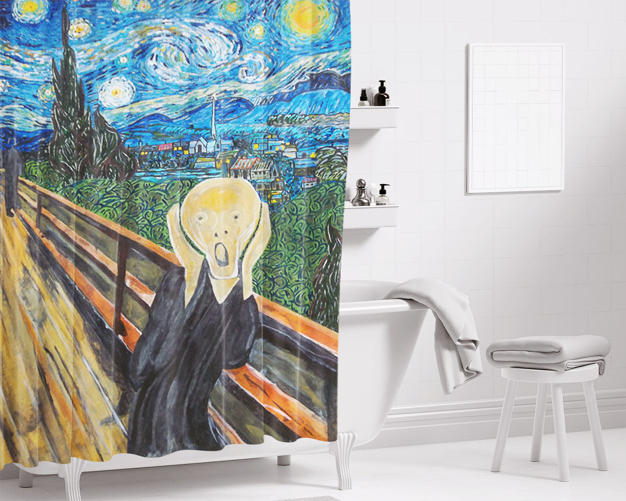 The Scream On A Starry Night Bathroom Shower Curtain Fabric Waterproof | 66 X 72 Inch