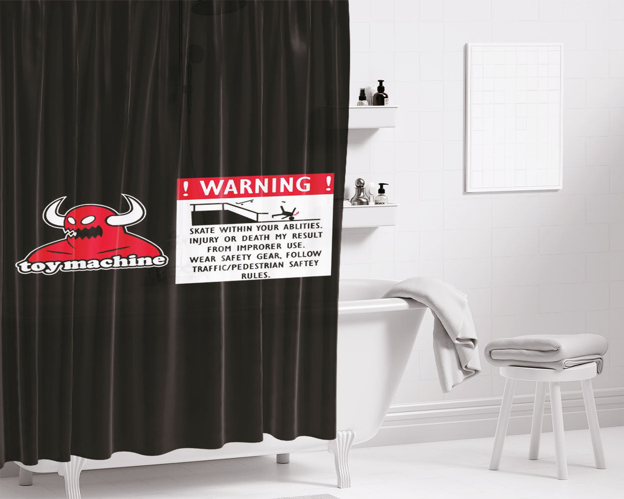 Toy Machine Skateboard Warning Rule Bathroom Shower Curtain Fabric Waterproof | 66 X 72 Inch