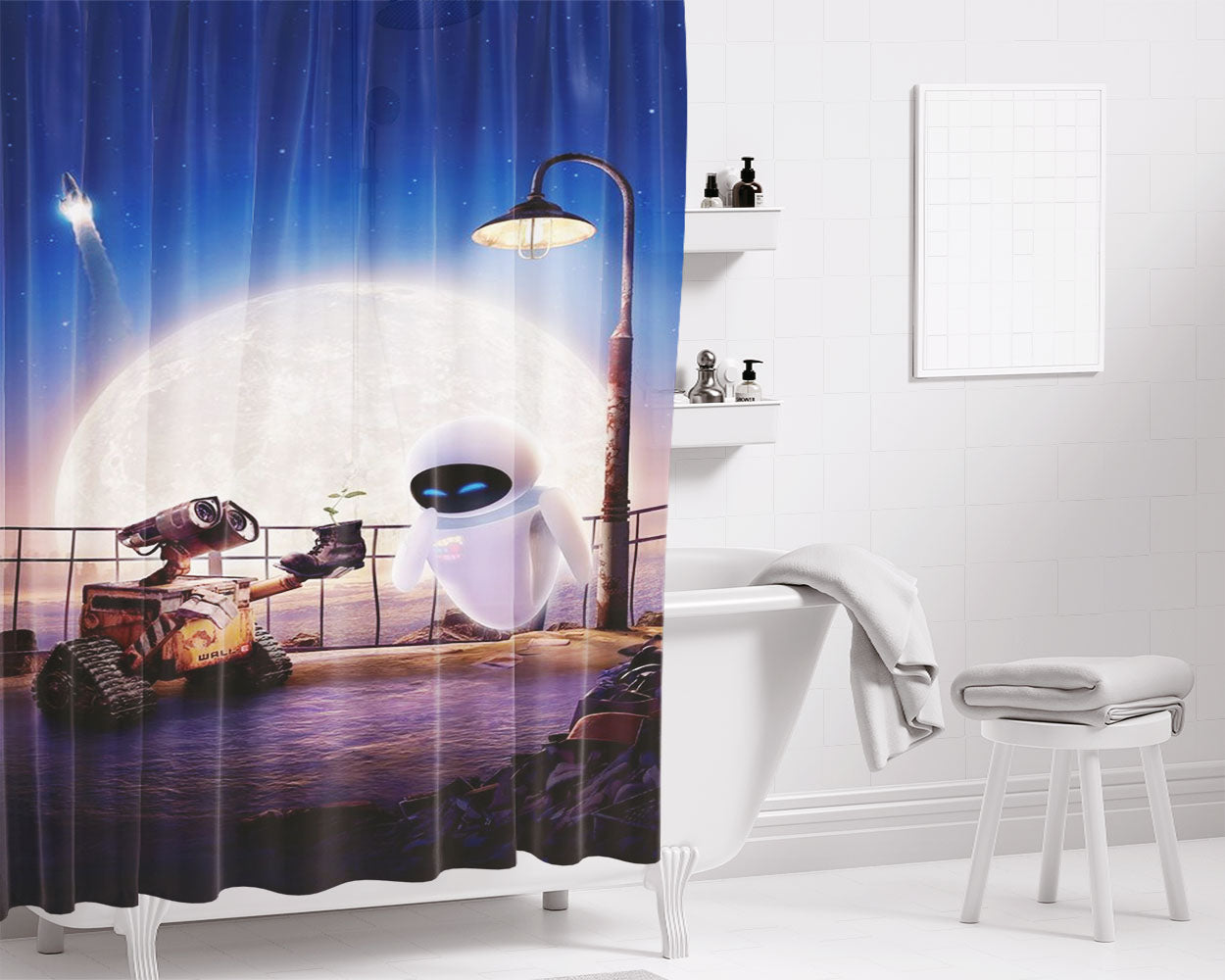 Wall E And Eve Romantic Scene Bathroom Shower Curtain Fabric Waterproof | 66 X 72 Inch