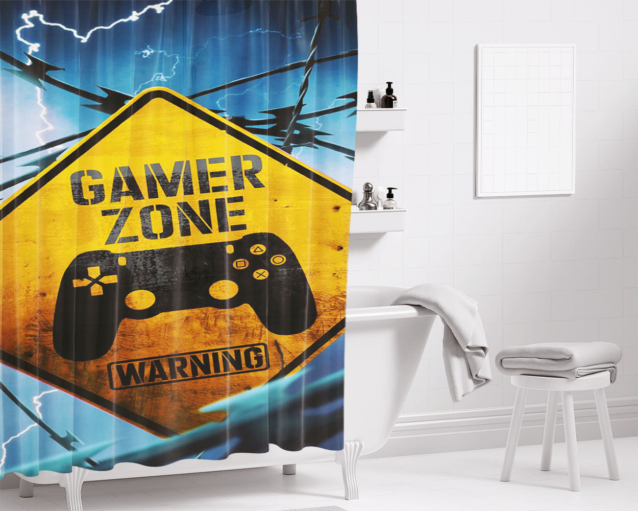 Warning Sign For Gamer Zone Bathroom Shower Curtain Fabric Waterproof | 66 X 72 Inch