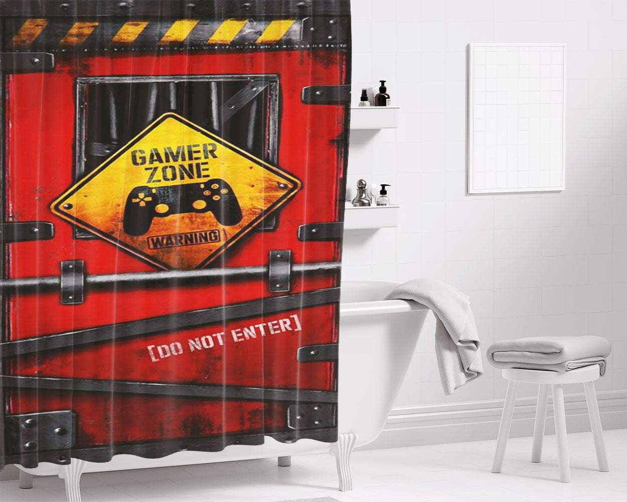Warning Sign Gamer Zone Do Not Enter Bathroom Shower Curtain Fabric Waterproof | 66 X 72 Inch