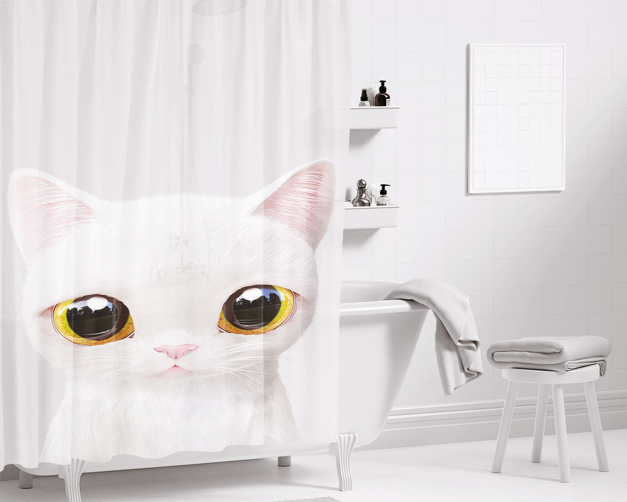 White Cat Digital Art August Bathroom Shower Curtain Fabric Waterproof | 66 X 72 Inch