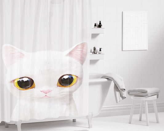 White Cat Digital Art August Bathroom Shower Curtain Fabric Waterproof | 66 X 72 Inch