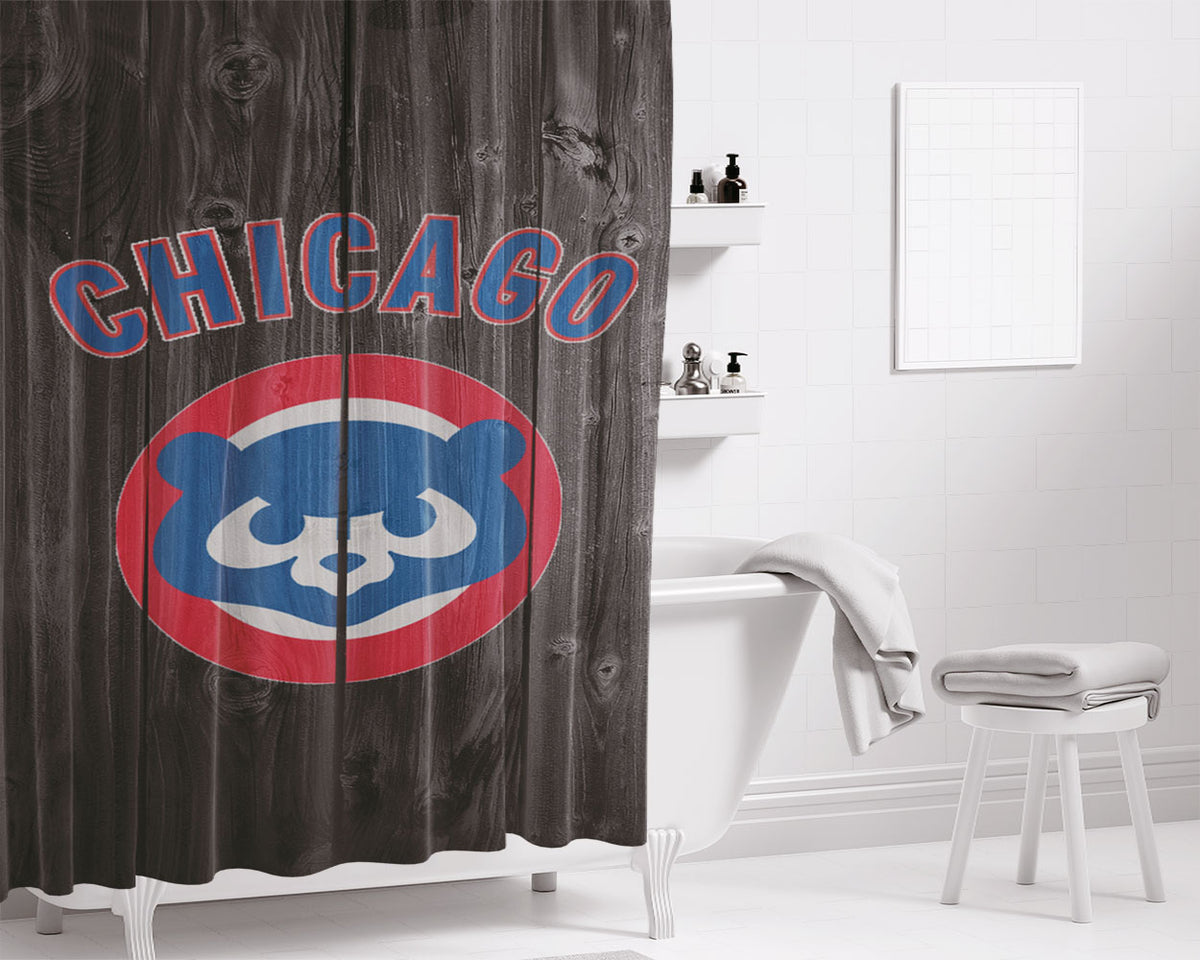 Old Chicago Cubs Mlb Logo Dark Wood Wallpaper Bathroom Shower Curtain Fabric Waterproof | 66 X 72 Inch