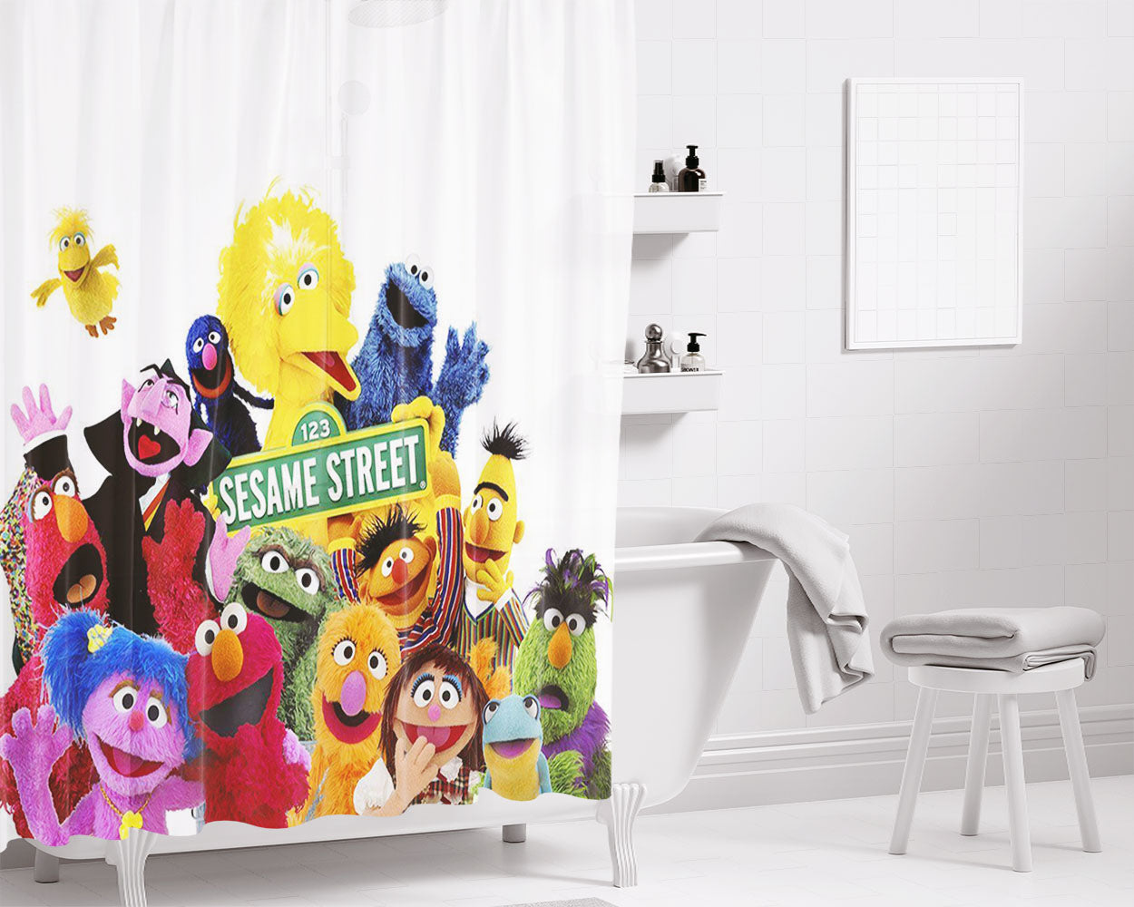 Sesame Street Characters Bathroom Shower Curtain Fabric Waterproof | 66 X 72 Inch