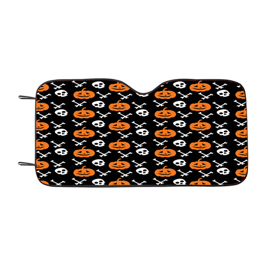 Black Pattern Pumpkins Bone And Head Skeleton Halloween Car Auto Sun Shade Windshield Cover