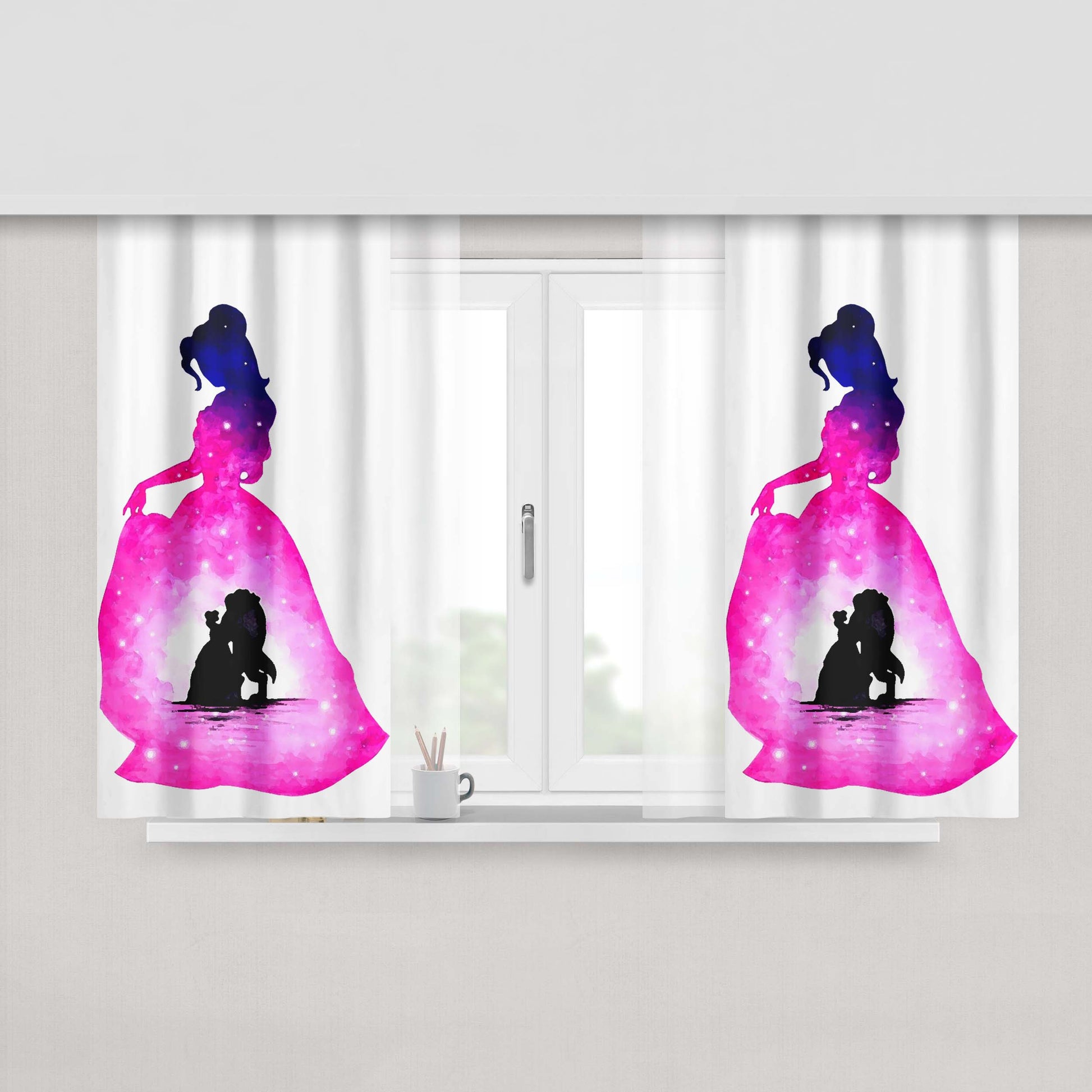 Beauty And The Beast Disney Watercolor Peach Skin Window Curtains