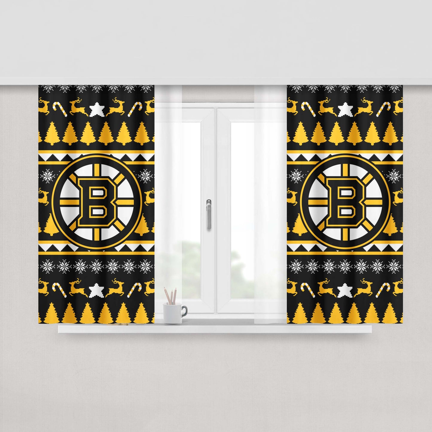 Boston Bruins Christmas Sweater Peach Skin Window Curtains